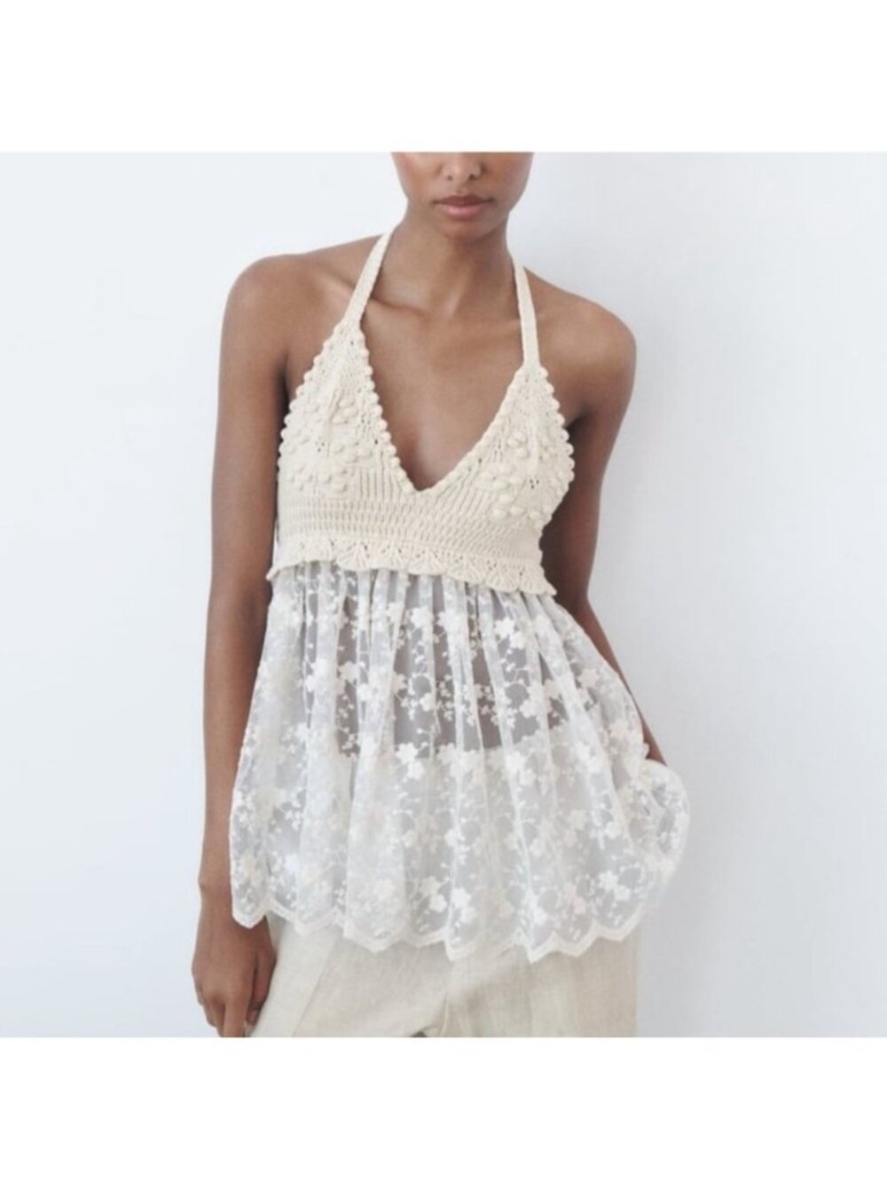 Zara Small Handmade Crochet Lace Halter Top Sheer Floral Embellished Skirted